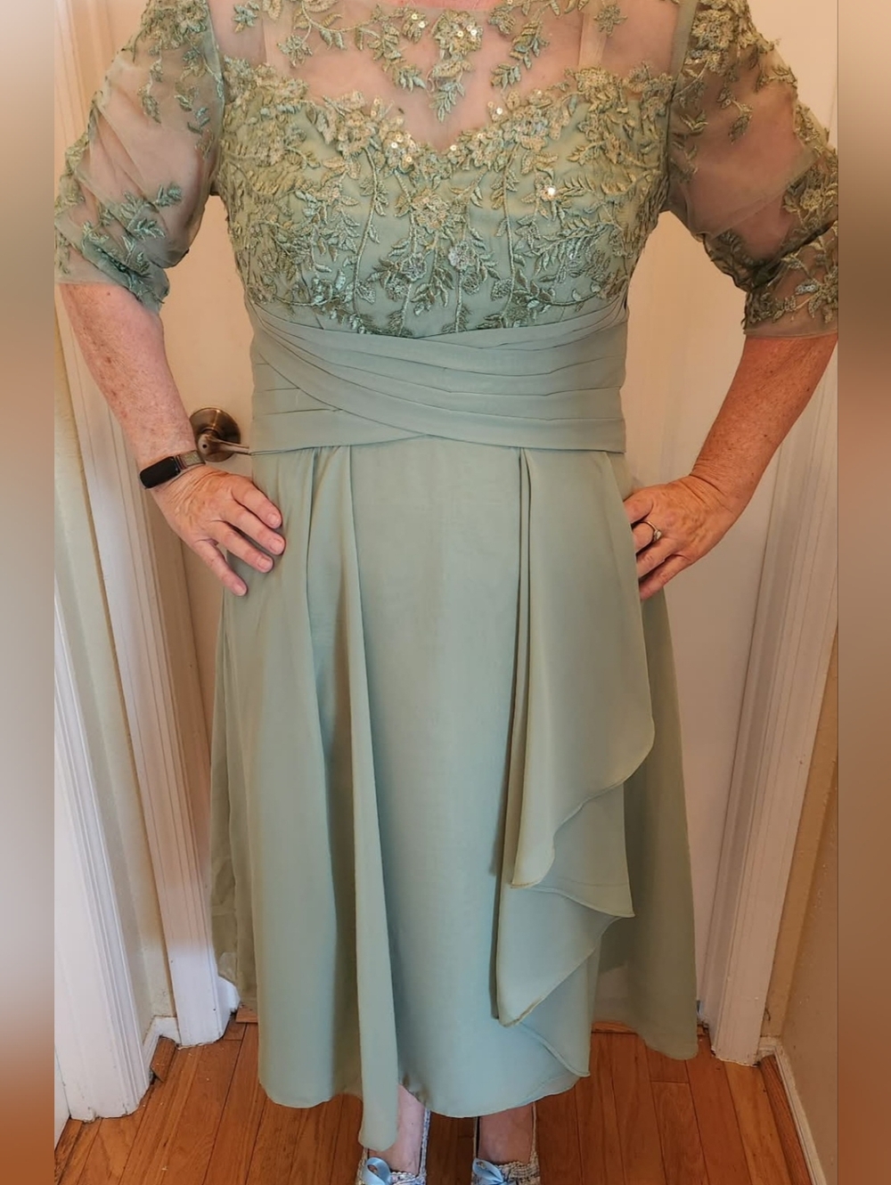Sage Green Embroidered Midi Dress with Sheer Floral Bodice